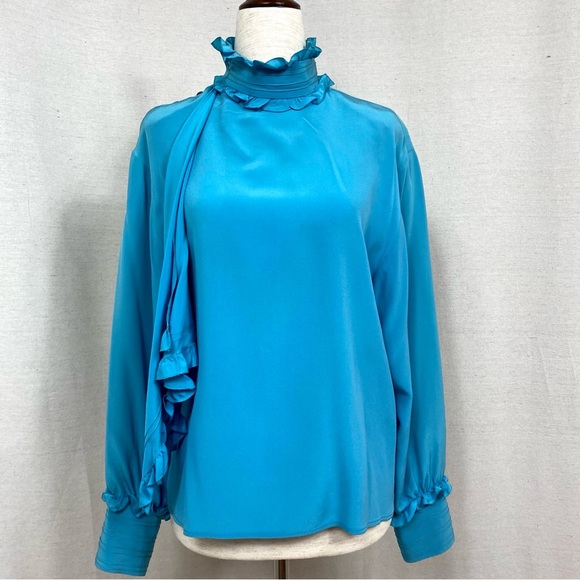 Chloe Vintage Teal Blue Mock Neck Ruffle Blouse - Picture 8 of 10